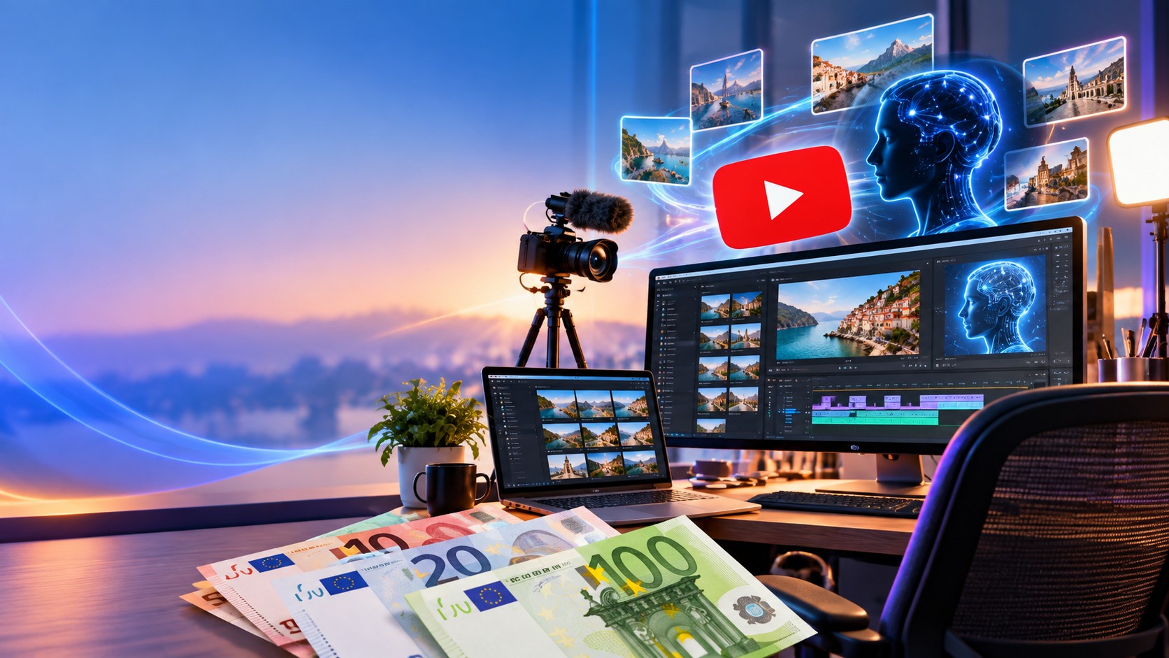 Poste de montage vidéo avec microphone, casque et écran affichant une chronologie de montage, entouré d’icônes représentant la croissance, l’audience, les partenariats et la production pour des clients.